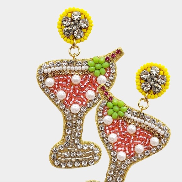 Martini felt back rhinestone pearl dangle earrings - Picture 2 of 3